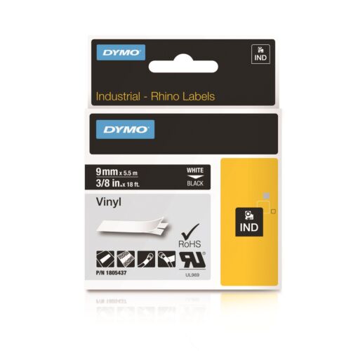 1805437 Dymo Rhino Vinyl-Band 9 mm x 5,5 m weiß auf schwarz