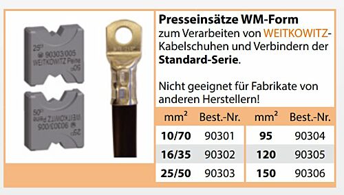 90301 Presseinsätze 10/70 mm²  für Weitkowitz-Kabelschuhe und Verbinder der Standard-Serie